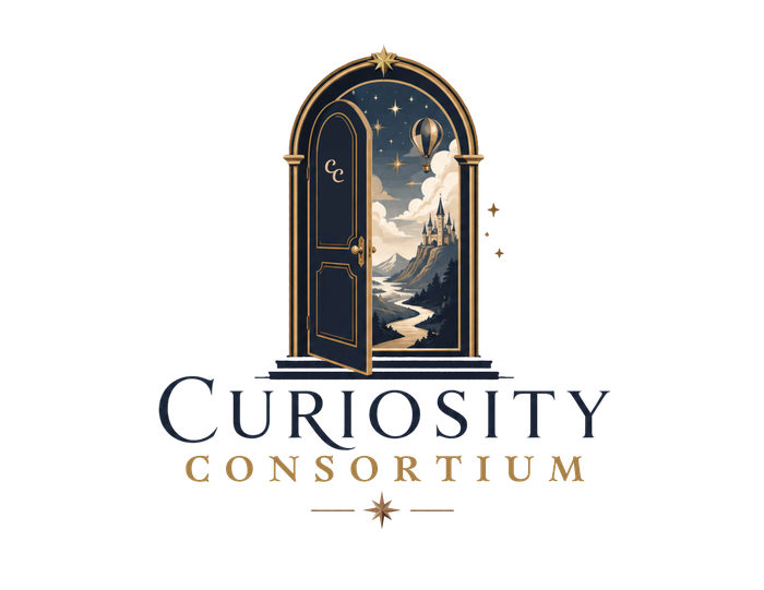 Curiosity Consortium, an illustrated arched door, standing open onto another world